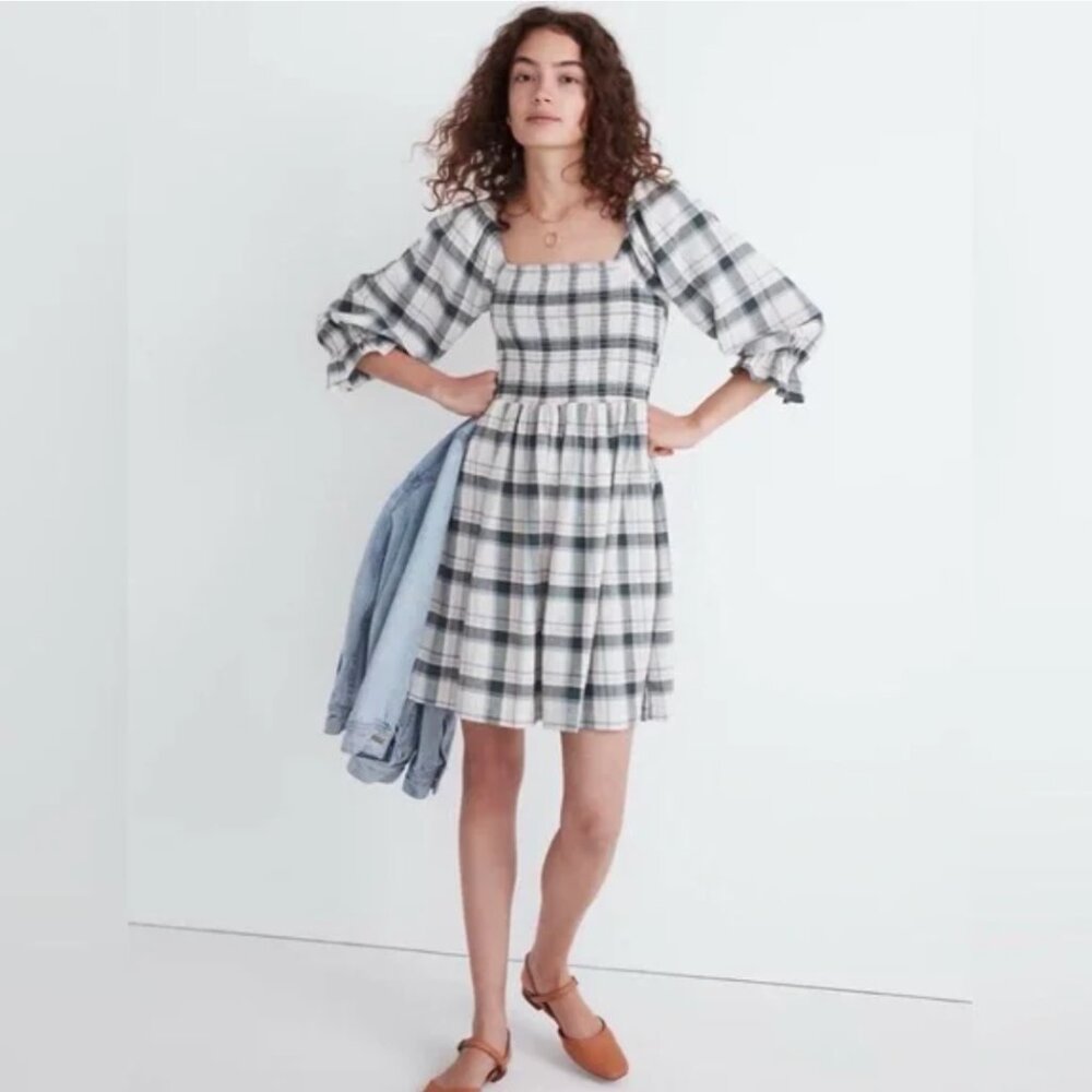 Madewell Lucie Smocked Green and Pink Plaid Dress